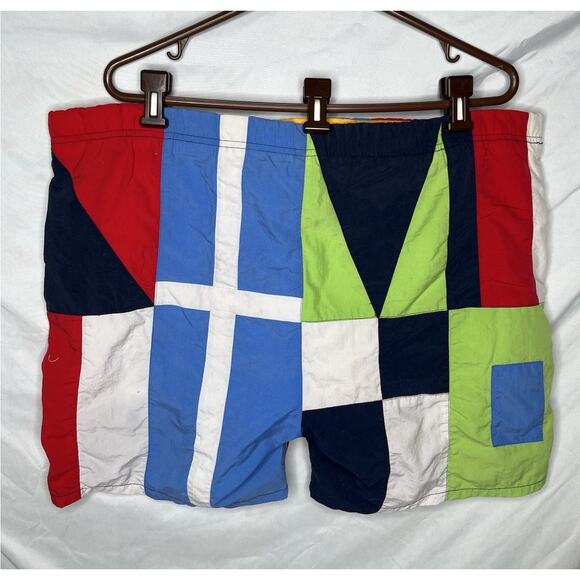 Nautica Colorblock Swim Trunks Flags Logo Stars Mens Size Medium 1990s - Picture 2 of 12